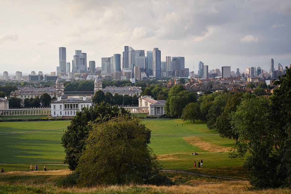 A wide view of a park near a city skyline, with lush green grass and a variety of mature trees in the foreground. In the middle ground, there are several small groups of people walking or sitting on t